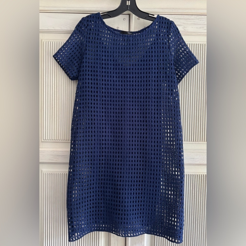 AQUA, Bloomingdales Navy Blue Crochet Dress Lined, Large